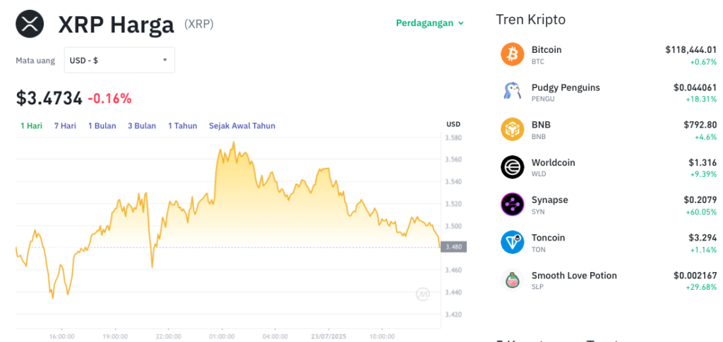 Pergerakan harga XRP (XRP/USDT) pada Rabu, 23 Juli 2025. Sumber: Tokocrypto.