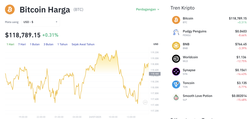 Pergerakan harga Bitcoin (BTC/USDT) pada Kamis, 24 Juli 2025. Sumber: Tokocrypto.