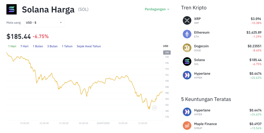 Pergerakan harga Solana (SOL/USDT) pada Kamis, 24 Juli 2025. Sumber: Tokocrypto.