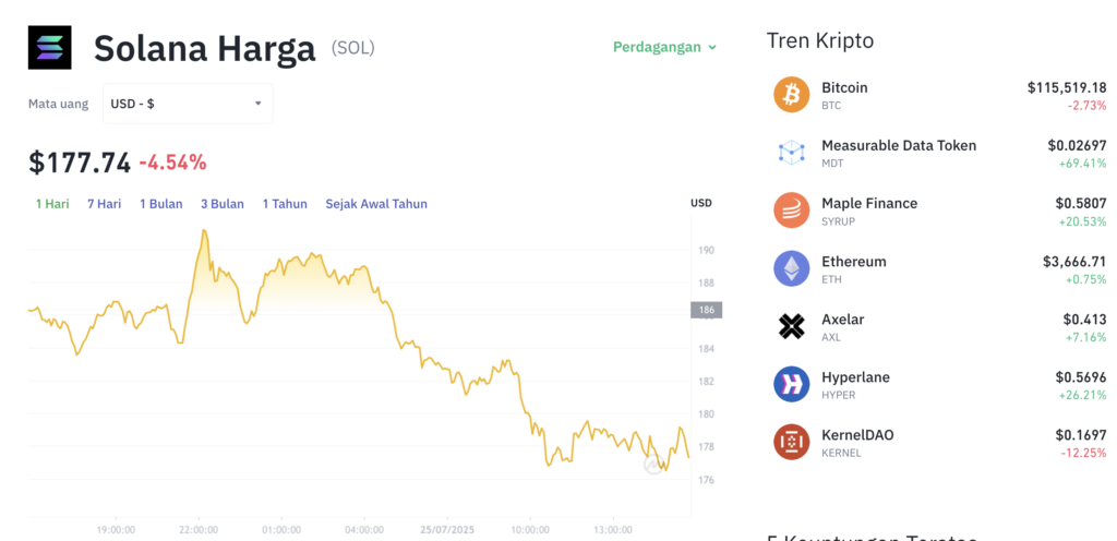 Pergerakan harga Solana (SOL/USDT) pada Jumat, 25 Juli 2025. Sumber: Tokocrypto.