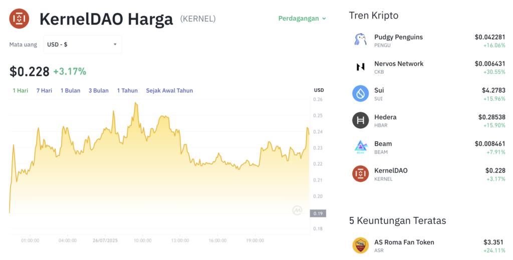 Pergerakan harga KernelDAO (KERNEL/USDT) pada Sabtu, 26 Juli 2025. Sumber: Tokocrypto.