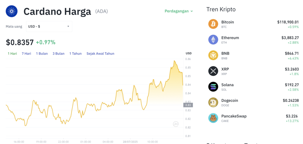 Pergerakan harga Cardano (ADA/USDT) pada Senin, 28 Juli 2025. Sumber: Tokocrypto.