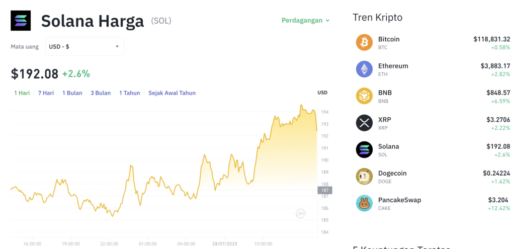 Pergerakan harga Solana (SOL/USDT) pada Senin, 28 Juli 2025. Sumber: Tokocrypto.