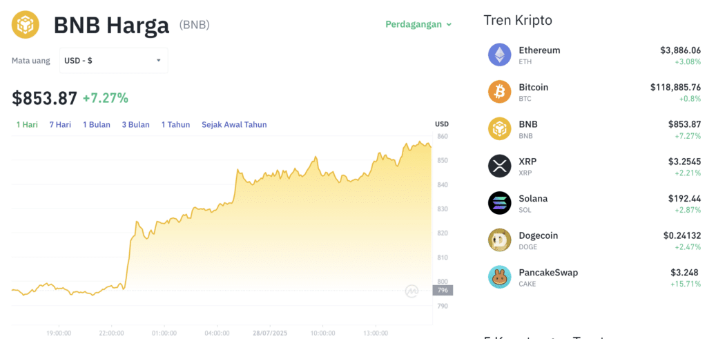 Pergerakan harga Binance Coin (BNB/USDT) pada Senin, 28 Juli 2025. Sumber: Tokocrypto.