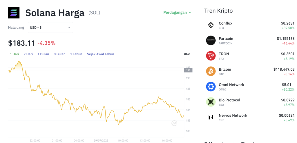 Pergerakan harga Solana (SOL/USDT) pada Selasa, 29 Juli 2025. Sumber: Tokocrypto.