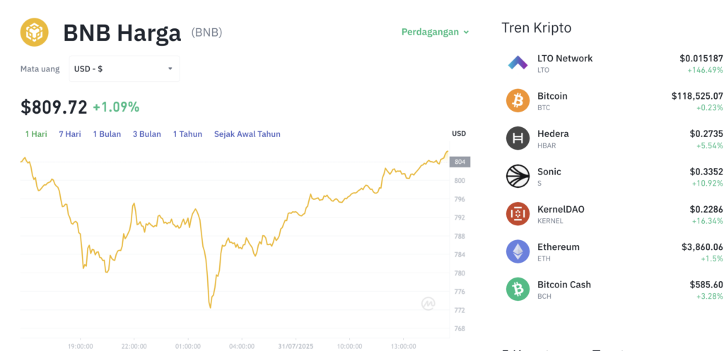 Pergerakan harga Binance Coin (BNB/USDT) pada Kamis, 31 Juli 2025. Sumber: Tokocrypto.