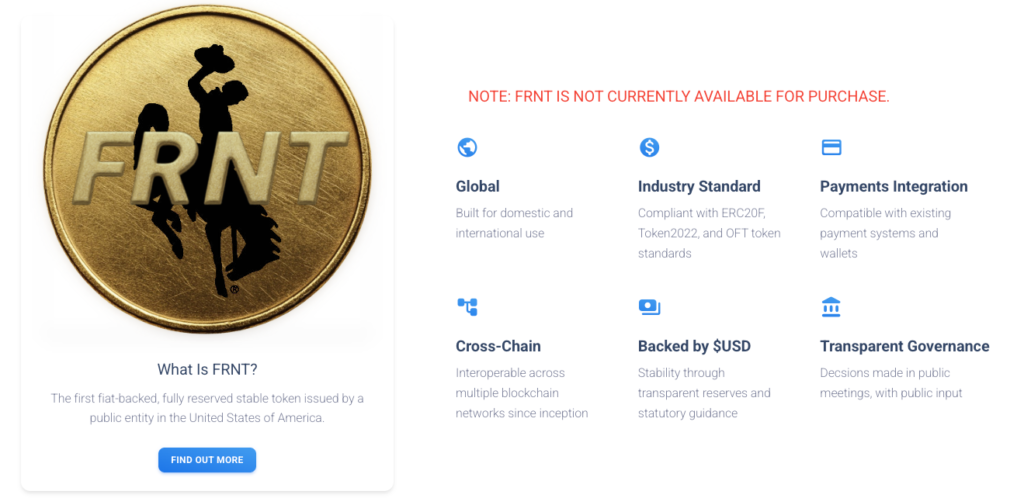 Komisi Token Stabil Wyoming menekankan bahwa FRNT tidak tersedia untuk dibeli saat peluncuran. Sumber: Stabletoken.wyo.gov.