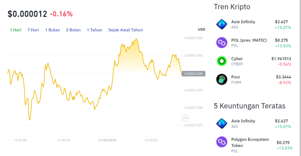 Pergerakan harga Shiba Inu (SHIB/USDT) pada Minggu, 31 Agustus 2025. Sumber: Tokocrypto.