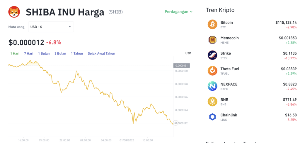 Pergerakan harga Shiba Inu (SHIB/USDT) pada Jumat, 1 Agustus 2025. Sumber: Tokocrypto.