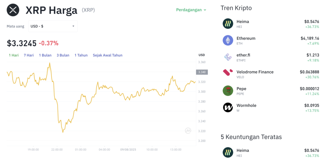 Pergerakan harga XRP (XRP/USDT) pada Sabtu, 9 Agustus 2025. Sumber: Tokocrypto.