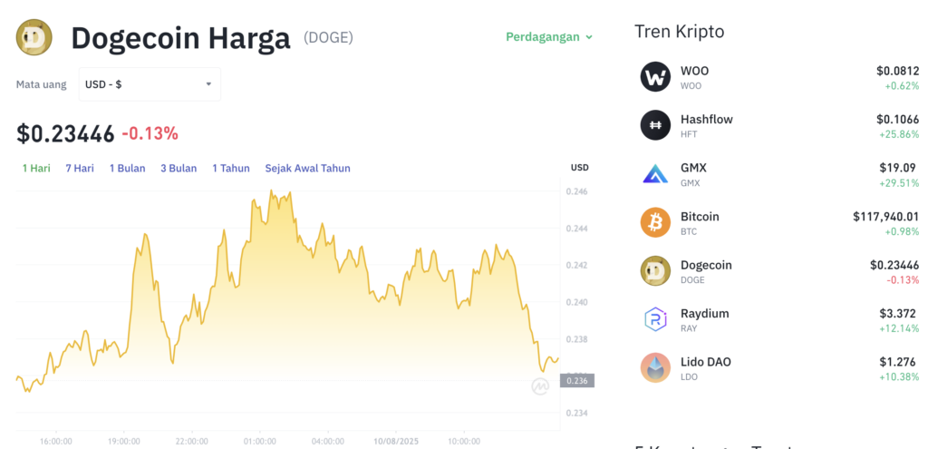 Pergerakan harga Dogecoin (DOGE/USDT) pada Minggu, 10 Agustus 2025. Sumber: Tokocrypto.