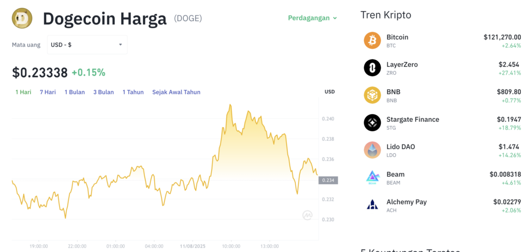 Pergerakan harga Dogecoin (DOGE/USDT) pada Senin, 11 Agustus 2025. Sumber: Tokocrypto.