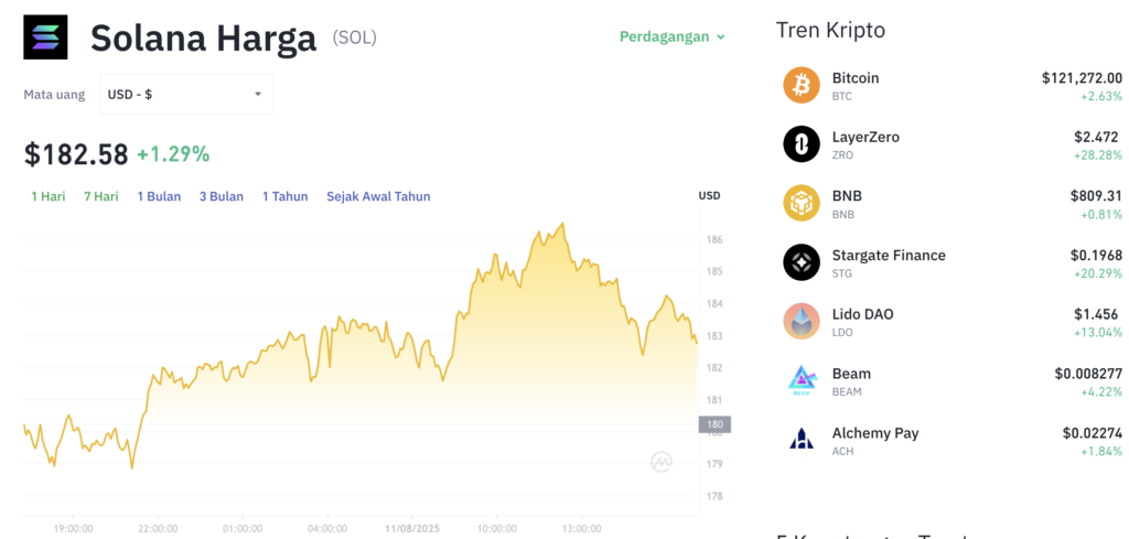 Pergerakan harga Solana (SOL/USDT) pada Senin, 11 Agustus 2025. Sumber: Tokocrypto.