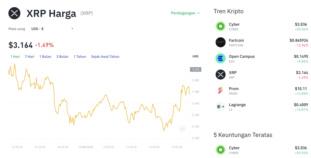 Pergerakan harga XRP (XRP/USDT) pada Selasa, 12 Agustus 2025. Sumber: Tokocrypto.