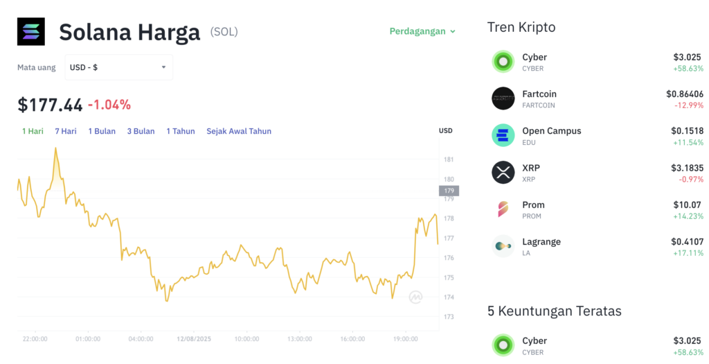 Pergerakan harga Solana (SOL/USDT) pada Selasa, 12 Agustus 2025. Sumber: Tokocrypto.