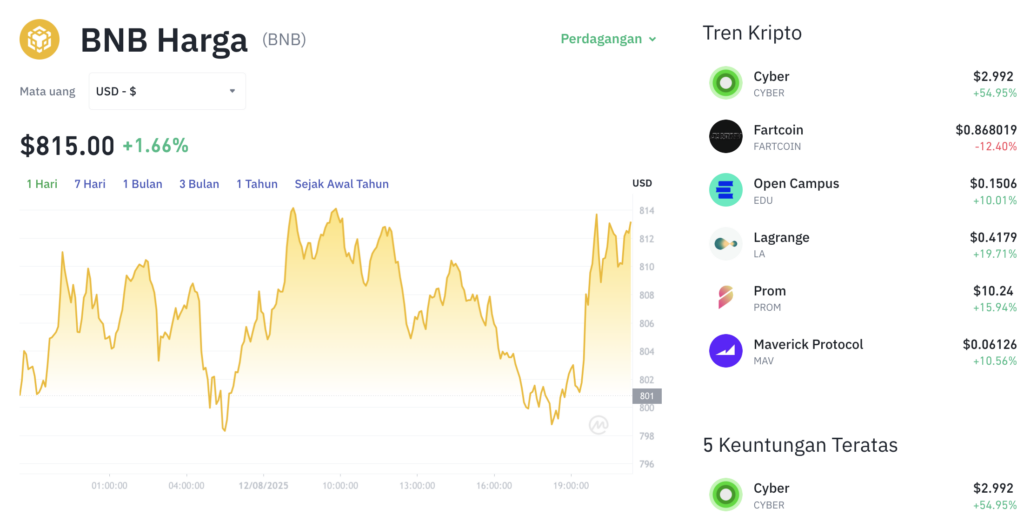 Pergerakan harga Binance Coin (BNB/USDT) pada Selasa, 12 Agustus 2025. Sumber: Tokocrypto.