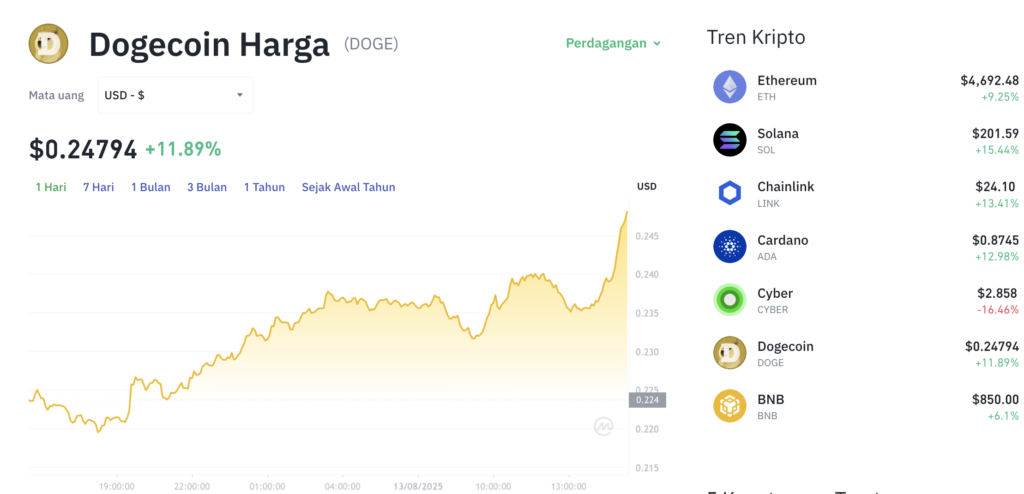 Pergerakan harga Dogecoin (DOGE/USDT) pada Rabu, 13 Agustus 2025. Sumber: Tokocrypto.