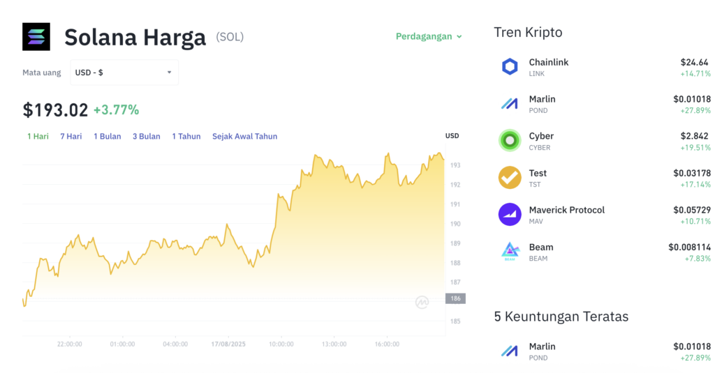Pergerakan harga Solana (SOL/USDT) pada Minggu, 17 Agustus 2025. Sumber: Tokocrypto.