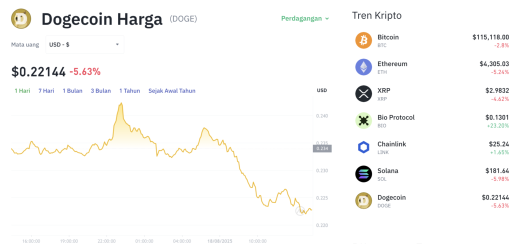 Pergerakan harga Dogecoin (DOGE/USDT) pada Senin, 18 Agustus 2025. Sumber: Tokocrypto.