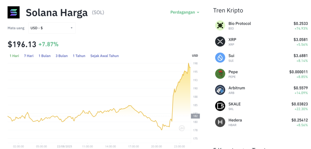 Pergerakan harga Solana (SOL/USDT) pada Jumat, 22 Agustus 2025. Sumber: Tokocrypto.