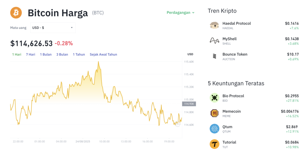 Pergerakan harga Bitcoin (BTC/USDT) pada Minggu, 24 Agustus 2025. Sumber: Tokocrypto.