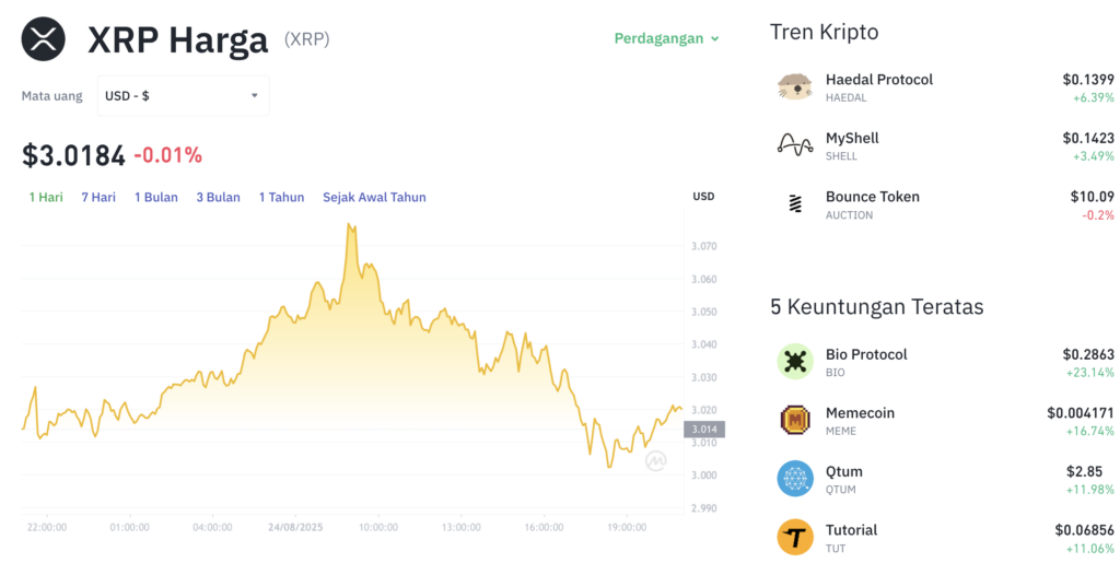 Pergerakan harga XRP (XRP/USDT) pada Minggu, 24 Agustus 2025. Sumber: Tokocrypto.