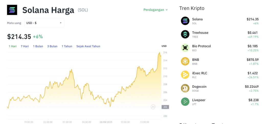 Pergerakan harga Solana (SOL/USDT) pada Kamis, 28 Agustus 2025. Sumber: Tokocrypto.