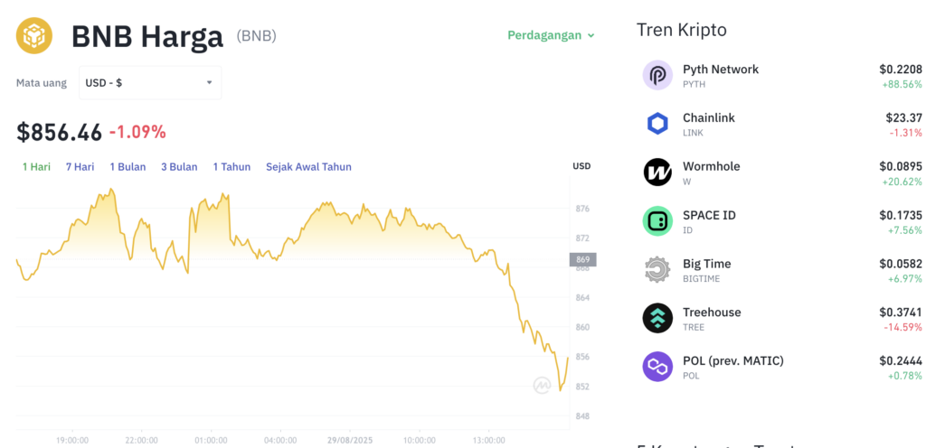 Pergerakan harga Binance Coin (BNB/USDT) pada Jumat, 29 Agustus 2025. Sumber: Tokocrypto.