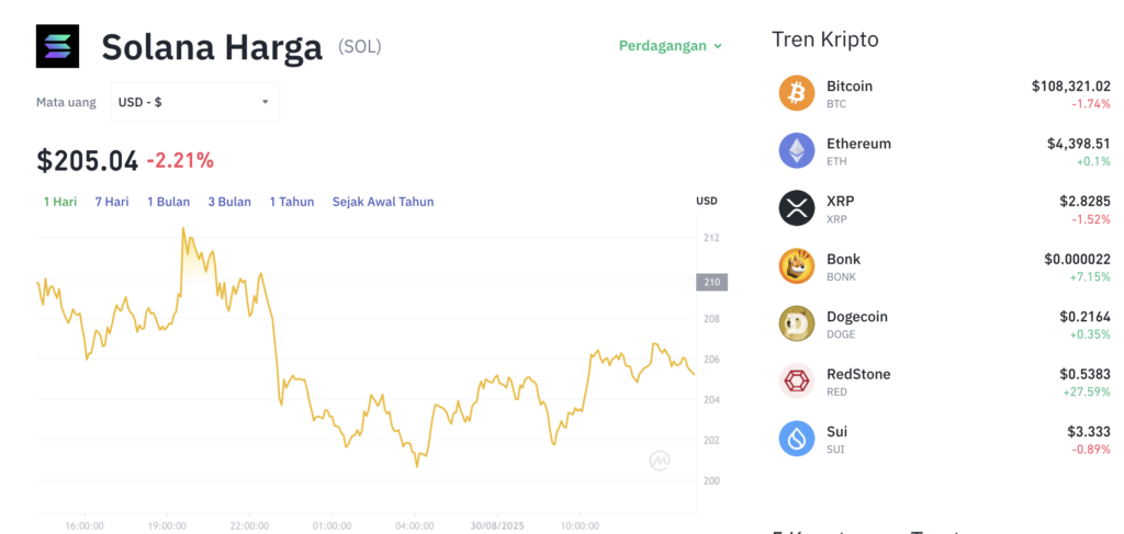 Pergerakan harga Solana (SOL/USDT) pada Sabtu, 30 Agustus 2025. Sumber: Tokocrypto.