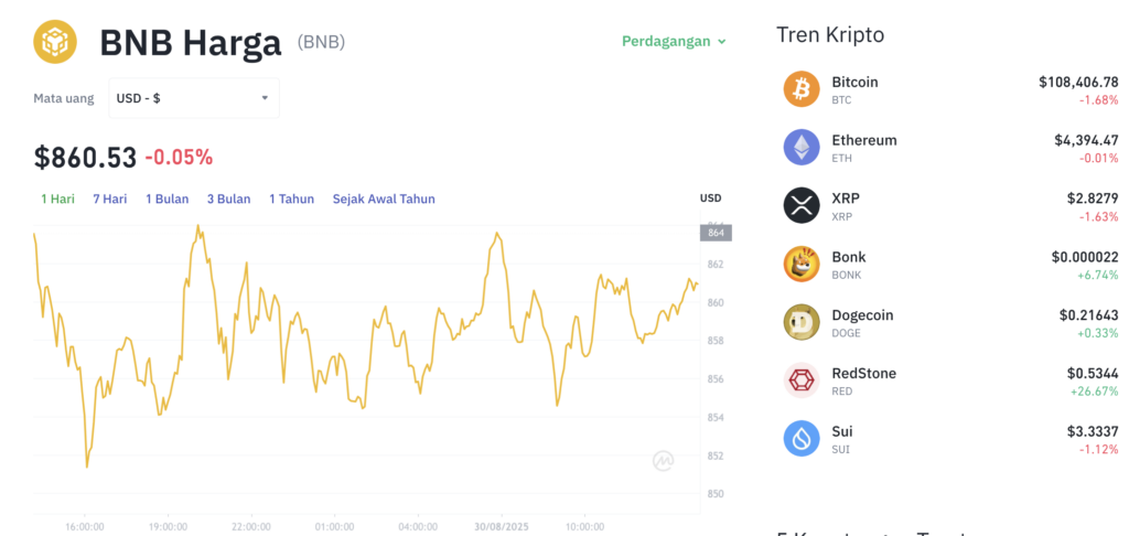Pergerakan harga Binance Coin (BNB/USDT) pada Sabtu, 30 Agustus 2025. Sumber: Tokocrypto.