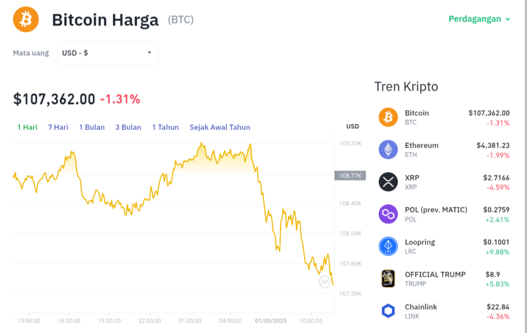 Pergerakan harga Bitcoin (BTC/USDT) pada Minggu, 31 Agustus 2025. Sumber: Tokocrypto.