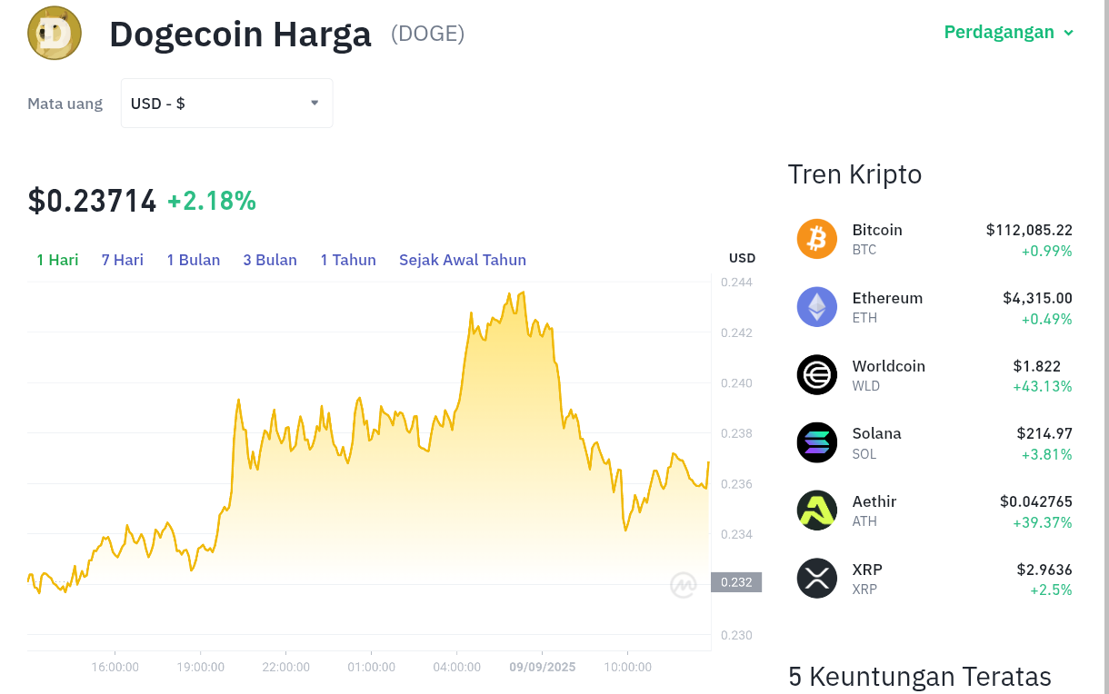 Pergerakan harga Dogecoin (DOGE/USDT) pada Selasa, 9 September 2025. Sumber: Tokocrypto.