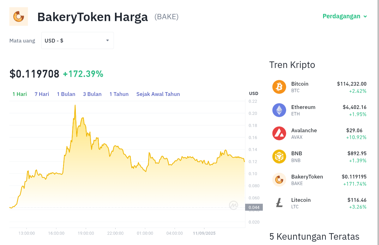 Pergerakan harga BakeryToken (BAKE/USDT) pada Kamis, 11 September 2025. Sumber: Tokocrypto.