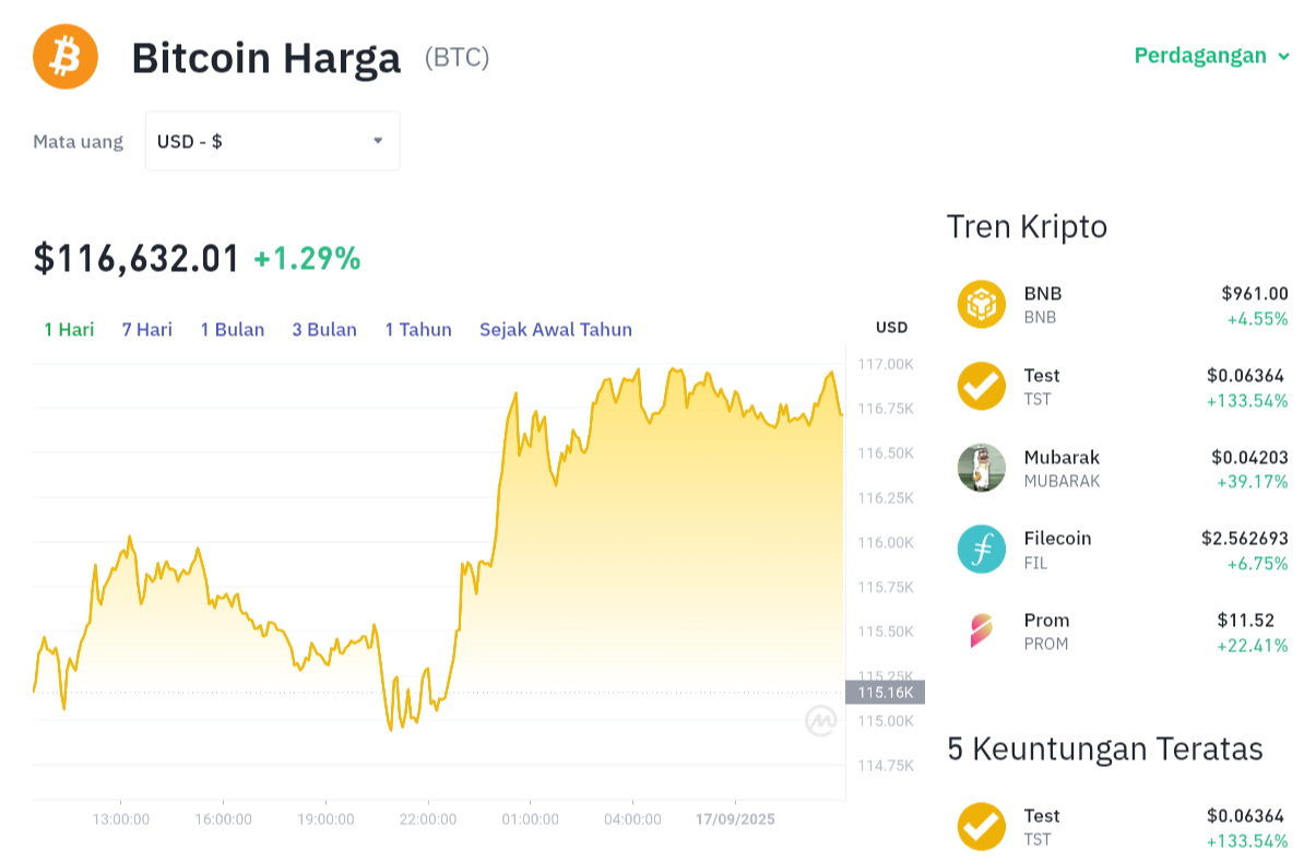 Pergerakan harga Bitcoin (BTC/USDT) pada Rabu, 17 September 2025. Sumber: Tokocrypto.
