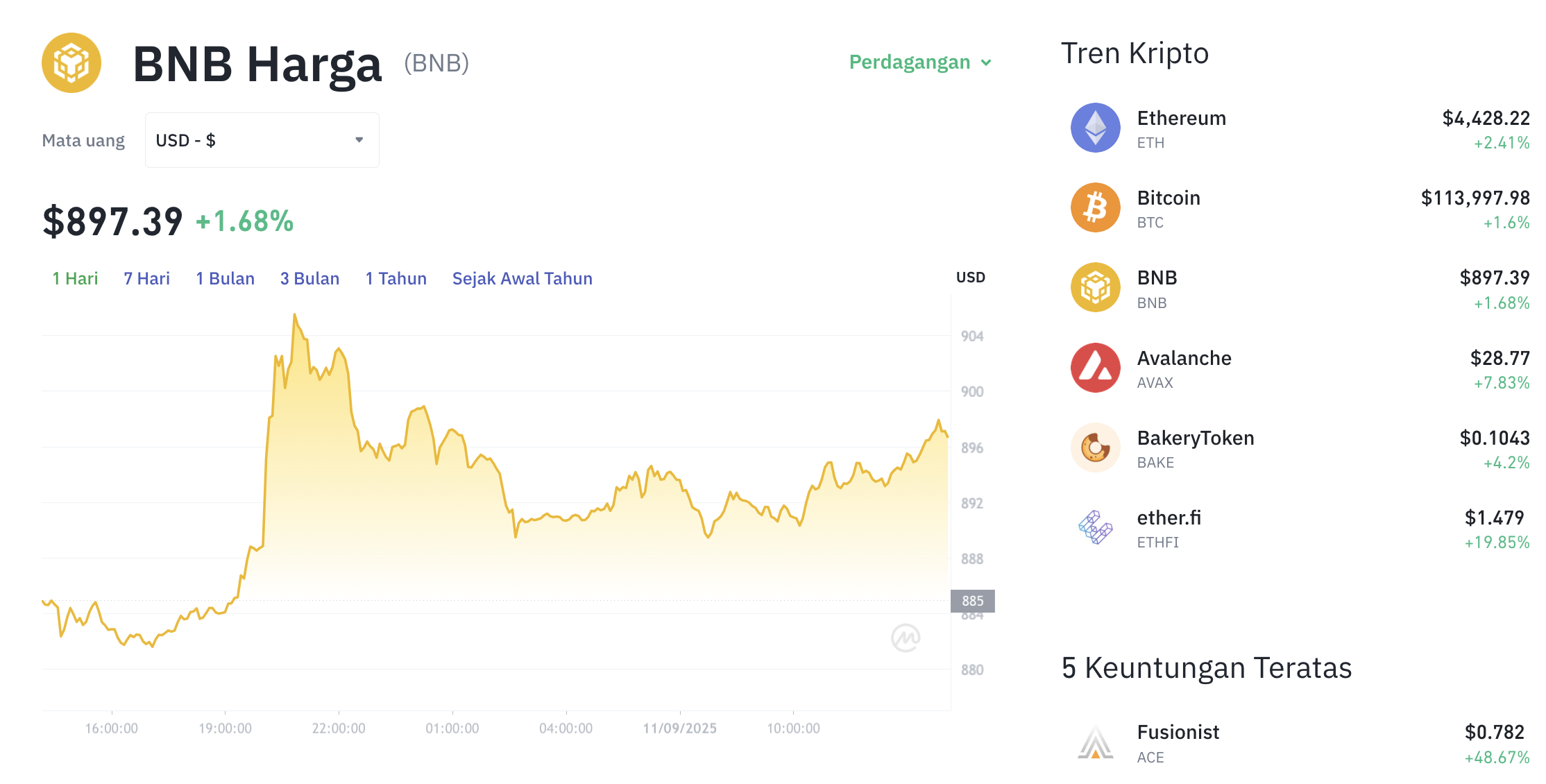 Pergerakan harga Binance Coin (BNB/USDT) pada Kamis, 11 September 2025. Sumber: Tokocrypto.
