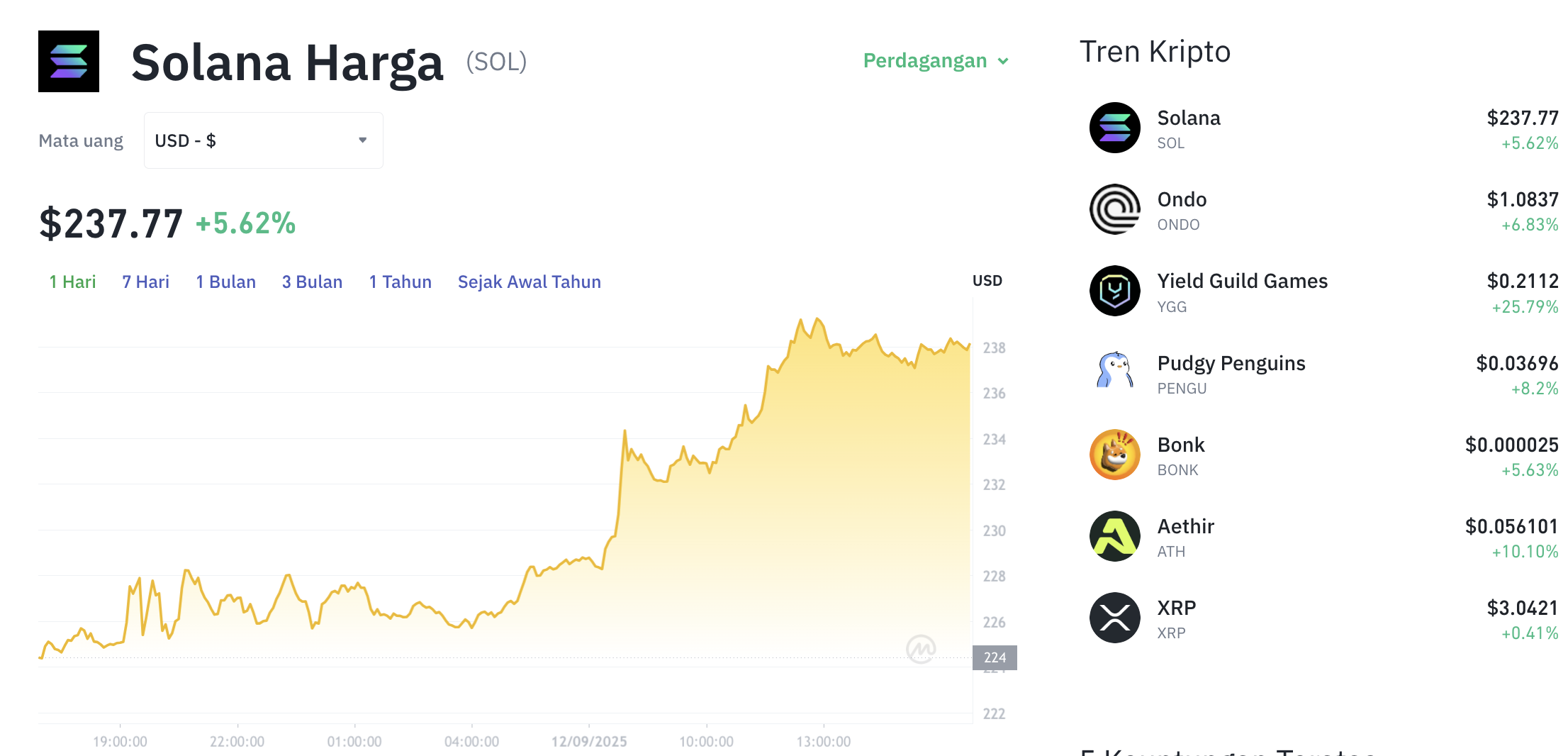 Pergerakan harga Solana (SOL/USDT) pada Jumat, 12 September 2025. Sumber: Tokocrypto.