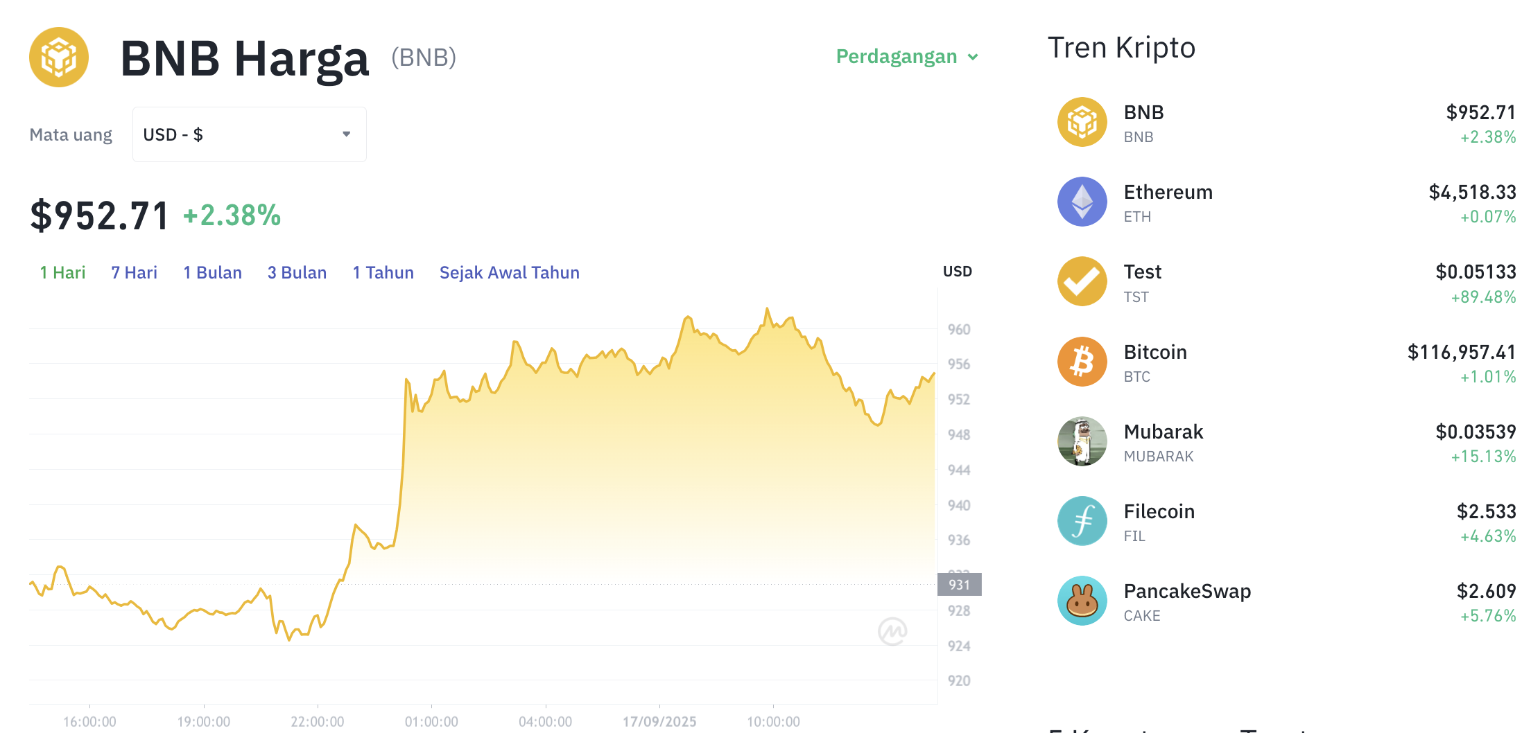 Pergerakan harga Binance Coin (BNB/USDT) pada Rabu, 17 September 2025. Sumber: Tokocrypto.