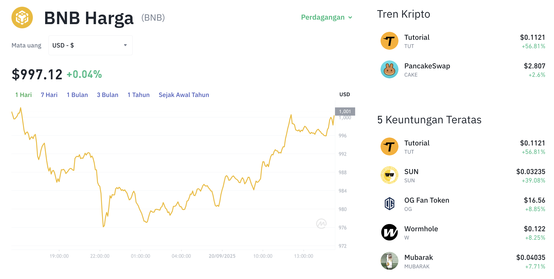 Pergerakan harga Binance Coin (BNB/USDT) pada Sabtu, 20 September 2025. Sumber: Tokocrypto.