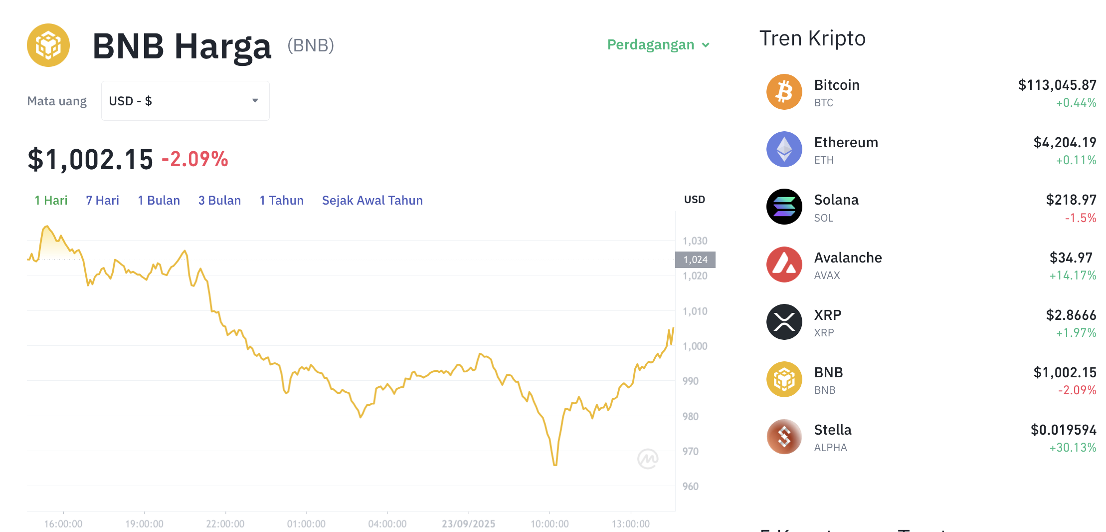 Pergerakan harga Binance Coin (BNB/USDT) pada Selasa, 23 September 2025. Sumber: Tokocrypto.