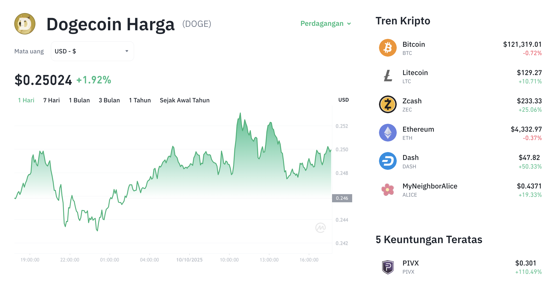 Pergerakan harga Dogecoin (DOGE/USDT) pada Jumat, 10 oktober 2025. Sumber: Tokocrypto.