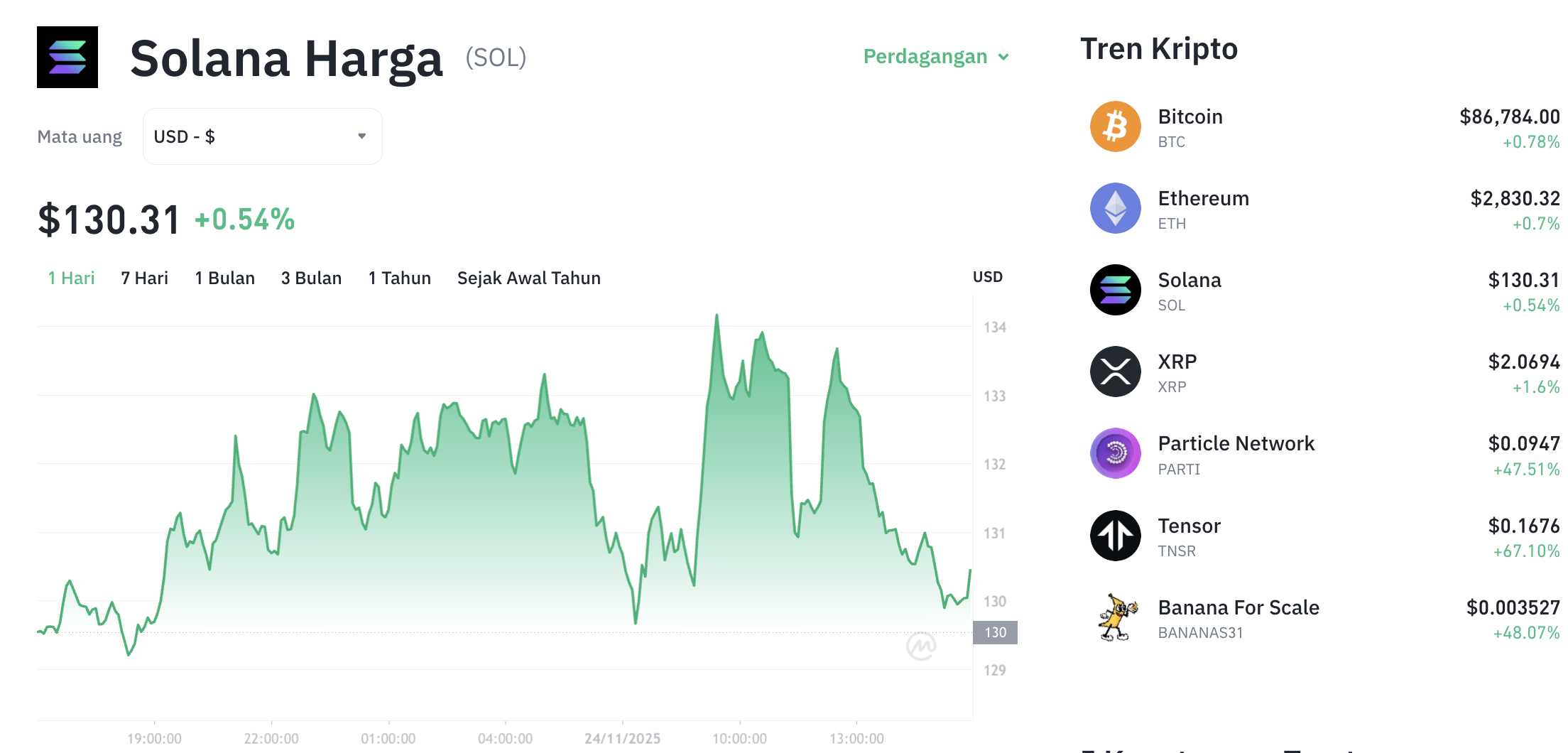Pergerakan harga Solana (SOL/USDT) pada Senin, 24 November 2025. Sumber: Tokocrypto.