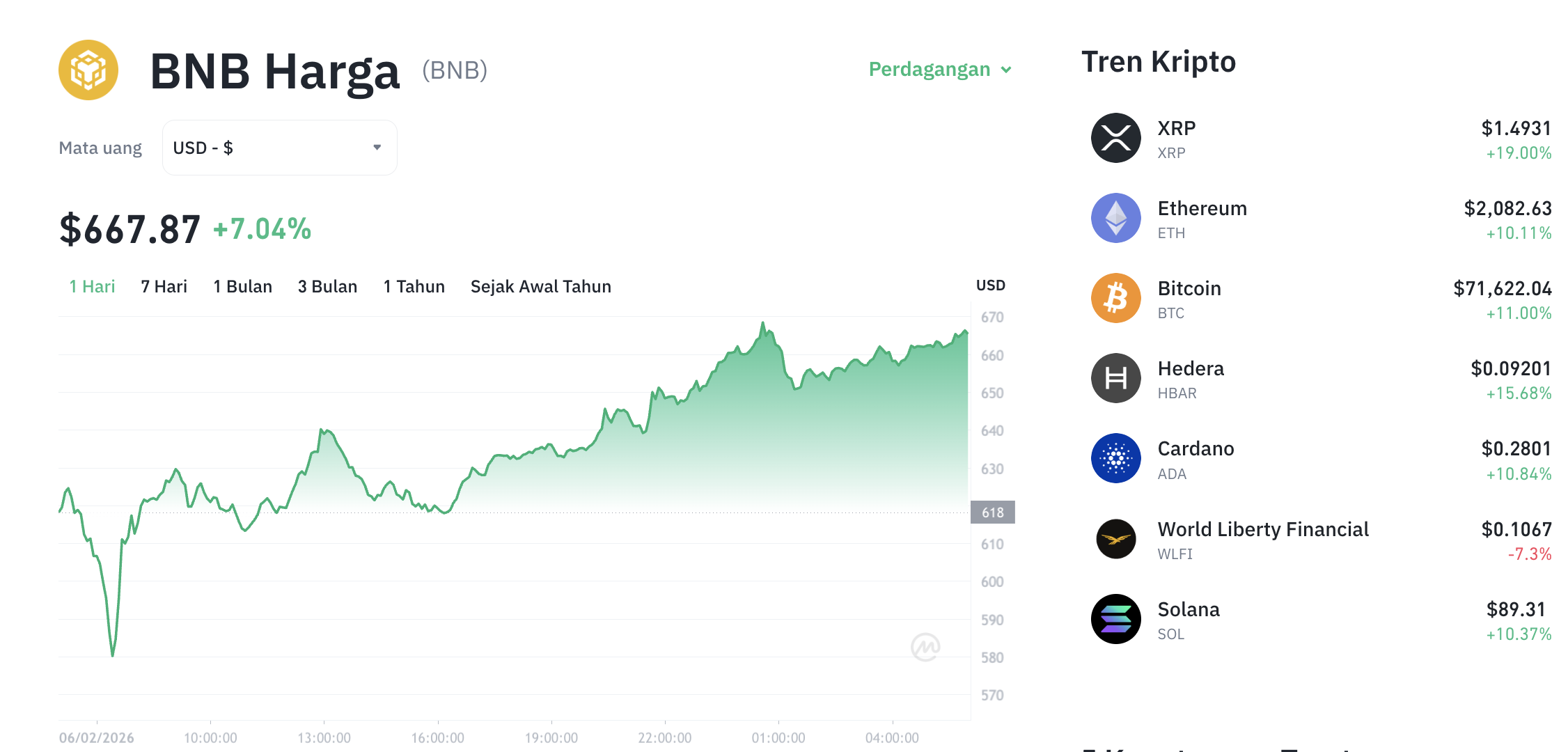 Pergerakan harga BNB (BNB/USDT) pada Jumat, 6 Februari 2026. Sumber: Tokocrypto.
